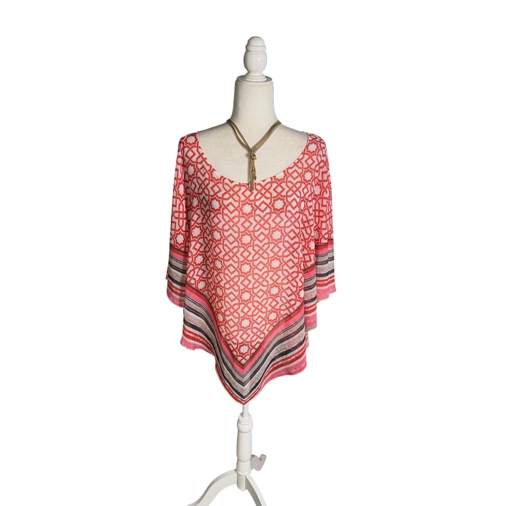 Y2K Sheer Handkerchief Hem Poncho Top 3X Red Geometric Festival Cover Up Boho